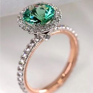 Green Crystal Halo Ring with Rose Gold Band